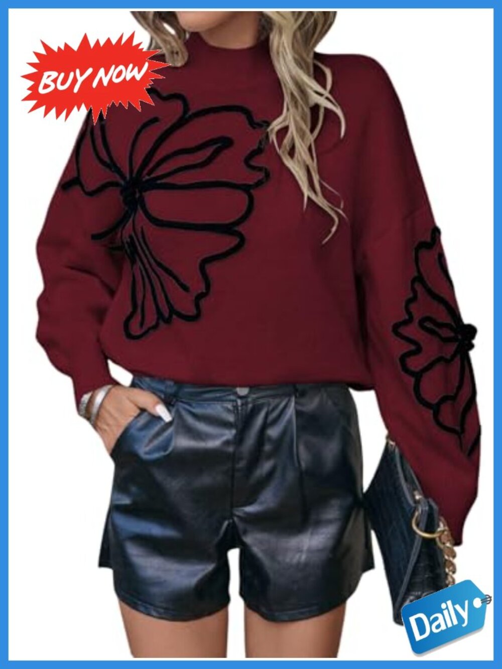 Floral Mock Neck Pullover Sweater Long Sleeve Knit Top